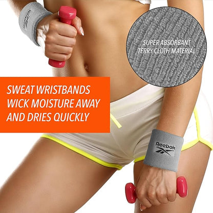 3pc Unisex Athletic Sweatband Set - 2.25in Workout Headband & 3.25in Wristbands w/Stay Dry Technology, Terry Cloth Band Moisture-Wicking Fabric | Quality Fitness Accessories for Active Comfort-Reebok