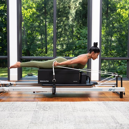Merrithew™ at Home SPX® Reformer Package with Reformer Box, Footstrap, Padded Platform Extender and Metal Roll-up Pole – Pilates Workouts at Home