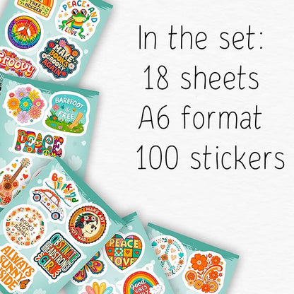 100Pcs Hippie Stickers for Phones, Water Bottles, Groovy Stickers Bulk for Laptop, for Water Bottle - Hippie Gifts, Party Supplies & Decoration - Gift for Women & Men