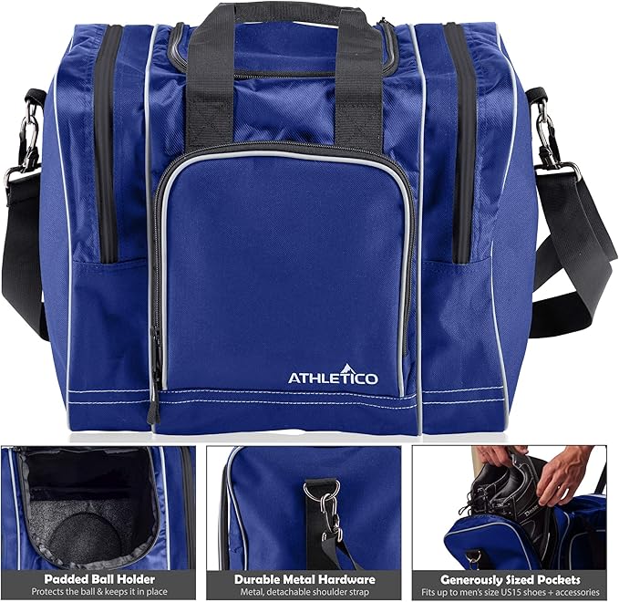 Athletico Bowling Bag for Single Ball - Single Ball Tote Bag With Padded Ball Holder - Fits a Single Pair of Bowling Shoes Up to Mens Size 14