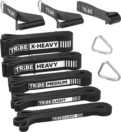 Tribe Lifting Resistance Bands for Working Out Men and Women - Set of 5 Pull Up Bands for Strength Training, Exercise Bands with Handles, Door Anchor and Bar Options for Home Gym