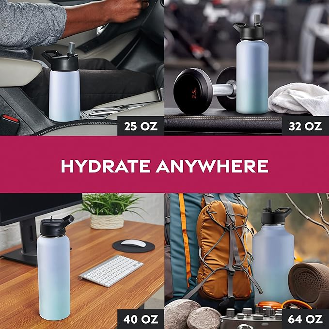 FineDine Triple Walled, Insulated Water Bottles with Straw - 25 Oz Stainless Steel Metal Bottle W/ 3 Leak Proof Lids - For Travel, School, Sports, Gym/Men, Women & Kids - Powder Steel Blue