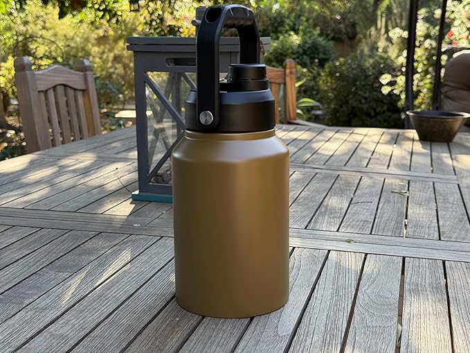 64 Ounce Half Gallon Insulated Water Bottle, Large Capacity Vacuum Flask with Handgrip (Tan)