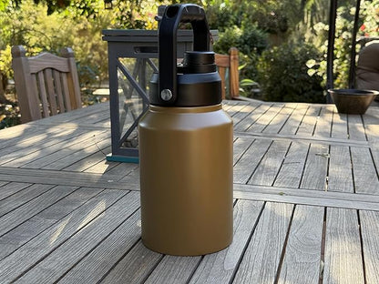 64 Ounce Half Gallon Insulated Water Bottle, Large Capacity Vacuum Flask with Handgrip (Tan)