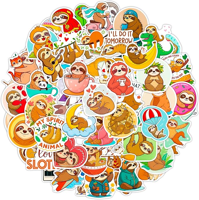 100Pcs Sloth Stickers and Decals for Water Bottle, Laptop - Sloth Gifts, Party Supplies & Decorations - Gift for Women & Men