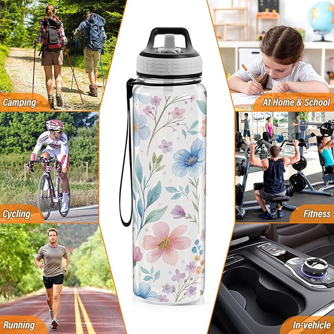 Burbuja Watercolor Floral 32 oz Water Bottle with Straw Lid, Leakproof & BPA Free Tritan Bottle for Gym Fitness Outdoor Sports