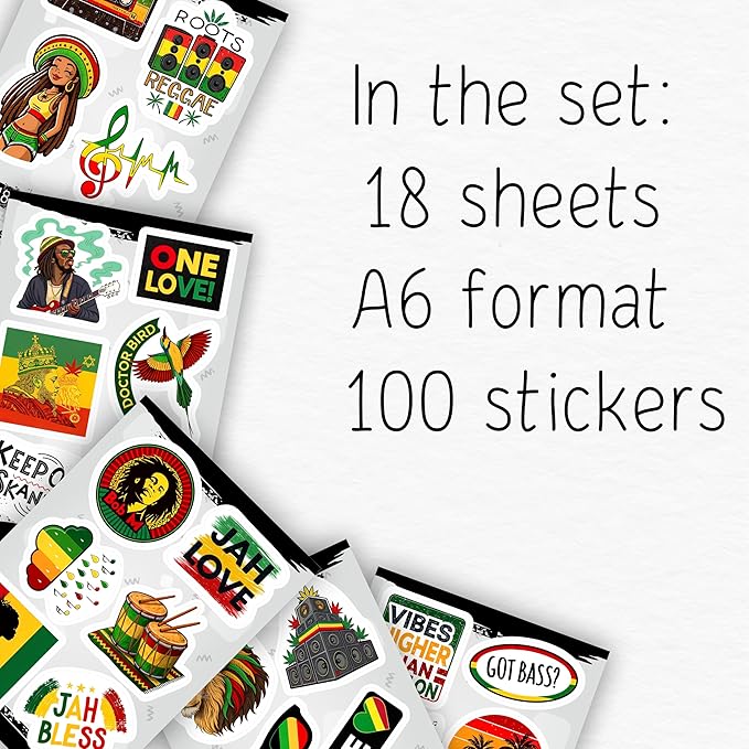 100Pcs Reggae Stickers and Decals for Adults for Water Bottle & Laptops - Rasta Stickers, Jamaica Band Decals - Bob the King of Reggae Gifts for Men & Women
