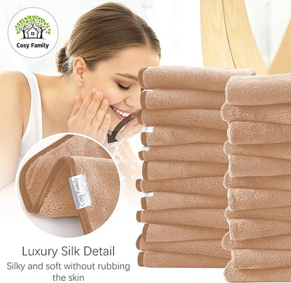Cosy Family 24 Pack Soft Washcloths Set - 12 x 12 inches, Quick Drying - Highly Absorbent Coral Velvet Fingertip Towel Bathroom Wash Clothes for Bath, Spa, Facial, Kitchen - Brown