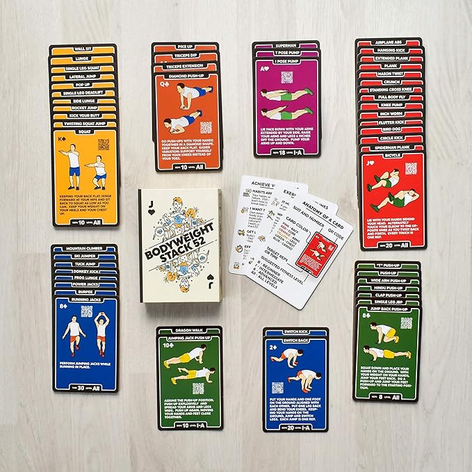 Stack 52 Bodyweight Exercise Cards: Workout Playing Card Game. Designed by a Military Fitness Expert. Video Instructions Included. No Equipment Needed. Burn Fat Build Muscle.