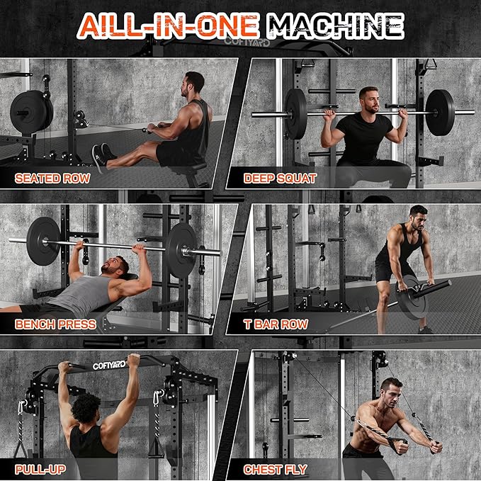Power Cage, Power Rack with Dual Pulley System, Multi-Function Squat Rack with Cable Crossover, Home Gym Workout Machine