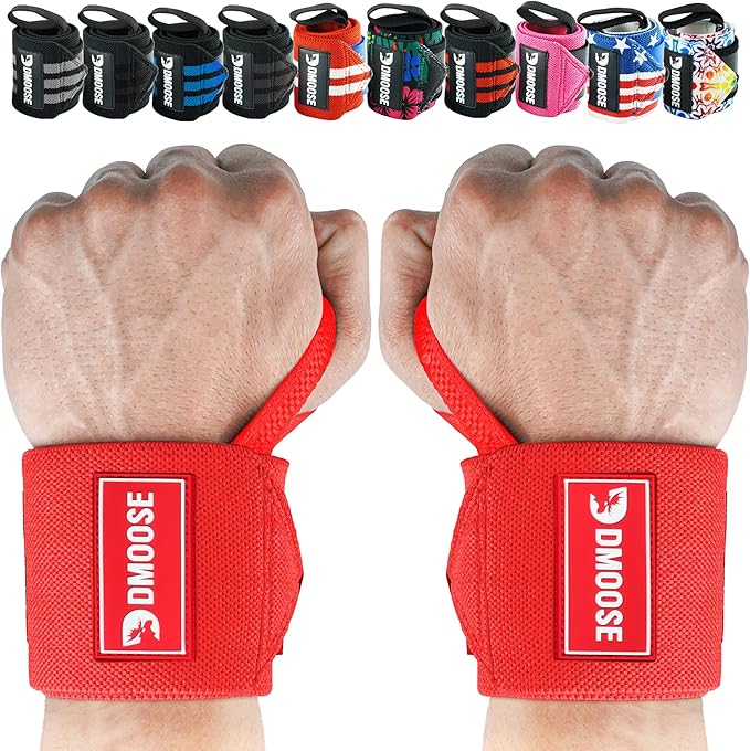 DMoose Fitness Wrist Wraps for Weightlifting 18" - Heavy Duty Gym Wrap with Hand Thumb Loop for Support & Pain Relief, USPA Approved Powerlifting, Weight Lifting Wrist Straps for Men & Women Work Out