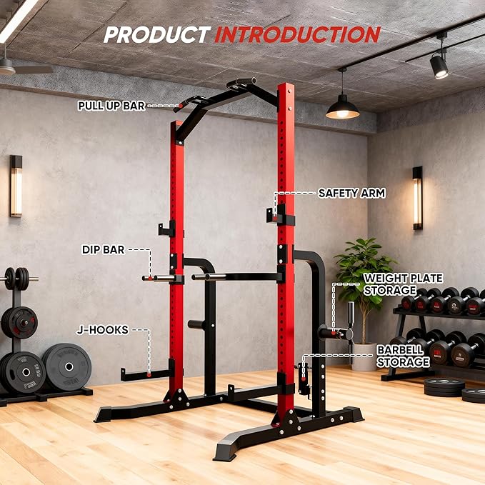 Outdoor Basic Power Cage Squat Rack with Pull-Up Bar & Dip Station, 2400LB Capacity, Multi-Functional Home Gym Rack for Weightlifting, Strength Training, Bench Press