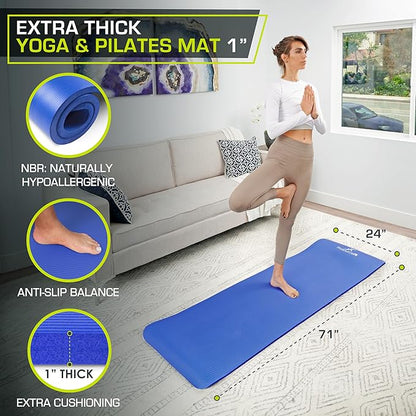 ProsourceFit Extra Thick Yoga and Pilates Mat ½” (13mm) or 1" (25mm), 71-inch Long High Density Exercise Mat with Comfort Foam and Carrying Strap