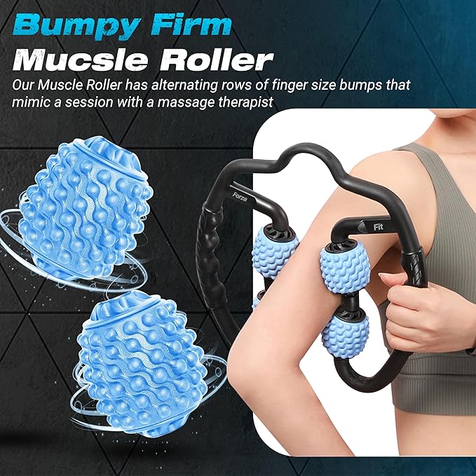 Forza Fit All-in-One 4-Wheel Massage Roller – Deep Tissue Relief for Legs, Arms, Neck & More | Ideal for Sore Muscles, Tendonitis, Carpal Tunnel & Cellulite Recovery (Blue & Black)