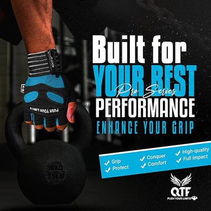 QTF Weight Lifting Gym Workout Gloves with Long Wrist Strap, Fingerless Gym Gloves for Men & Women, Full Palm Protection, for Weightlifting, Training, Fitness, Hanging