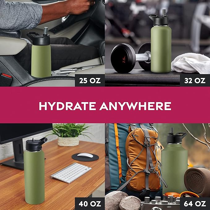 FineDine Water Bottle - Stainless Steel Insulated Water Bottle with Straw Lid, Flip Lid & Wide-Mouth Cap - Keeps Hot and Cold - 40 Oz / 1.18L - Army Green