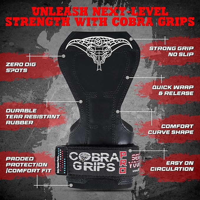 Cobra Grips PRO Weight Lifting Gloves Heavy Duty Straps Alternative with Power Lifting Hooks Padded Wrist Support for Deadlifts & Bodybuilding