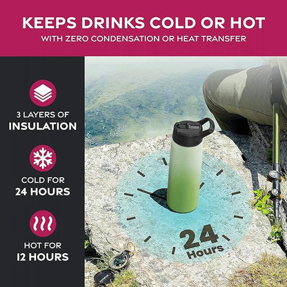 FineDine Water Bottle - Stainless Steel Insulated Water Bottle with Straw Lid, Flip Lid & Wide-Mouth Cap - Keeps Hot and Cold - 25 Oz / 739ml - Dreamy Green