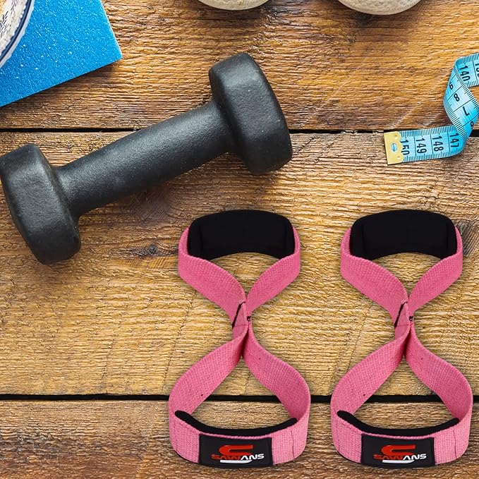 SAWANS Lifting Straps Padded Grip Figure 8 Wrist Straps Weight Heavy Duty Double Loop Bodybuilding Training Gym Straps Hand Bar Non Slip Deadlift Support Strong Cuffs Powerlifting