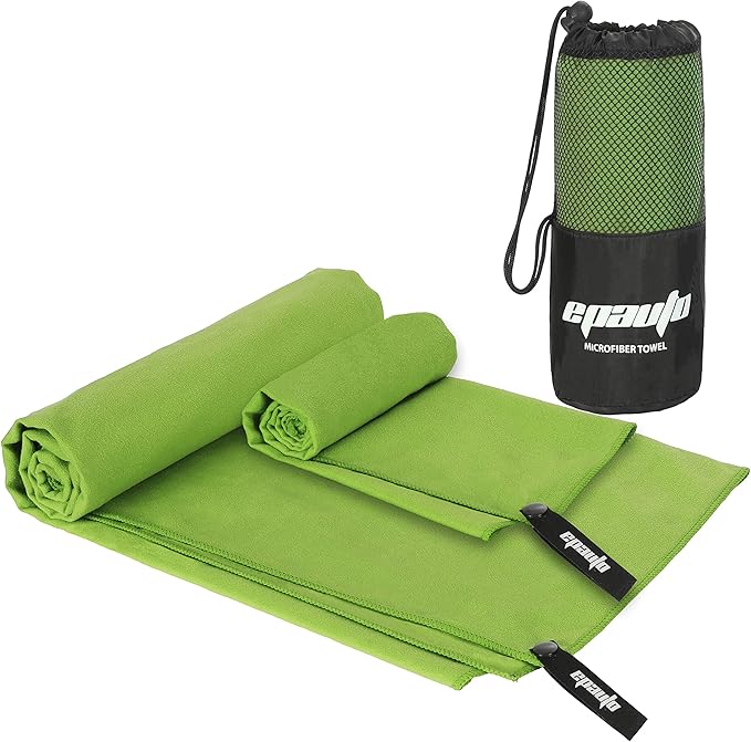 EPAuto 2-Pack Microfiber Quick Dry Towel Set - Lightweight, Super Absorbent & Compact Travel Towels (60"x30" & 24"x15") for Gym, Camping, Beach, Yoga & Backpacking, Green