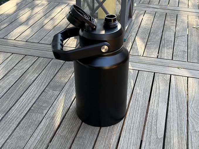 64 Ounce Half Gallon Insulated Water Bottle, Large Capacity Vacuum Flask with Handgrip (Black)