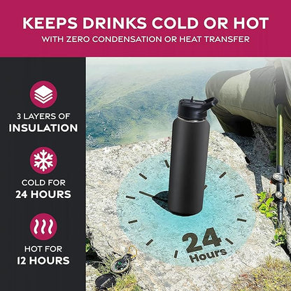 FineDine Triple Walled, Insulated Water Bottles with Straw - 40 Oz Stainless Steel Metal Bottle W/ 3 Leak Proof Lids - For Travel, School, Sports, Gym/Men, Women & Kids - Inky Raven Black