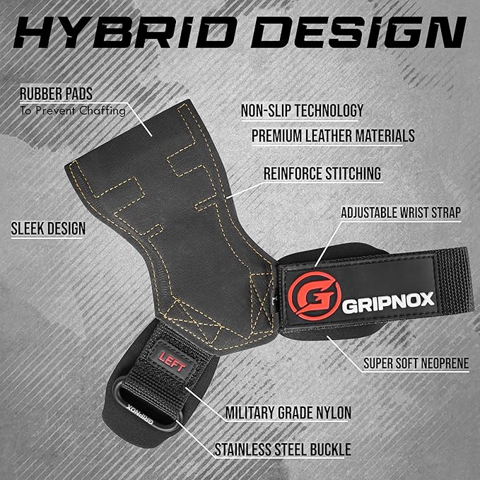 Premium Weight Lifting Grips & Straps for Deadlifts & Powerlifting – Anti-Slip Leather and Rubber Grip with Padded Wrist Wrap Support –