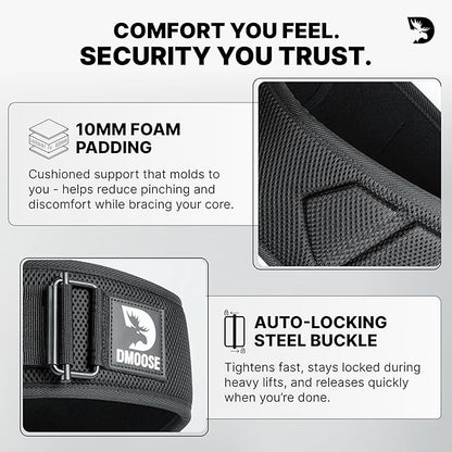 DMoose Fitness Weight Lifting Belt for Squats, Deadlift & Intense Workout - 6" Adjustable Fit Auto Lock Weightlifting Belt for Men & Women - Neoprene Gym Belts for Stability & Lumbar Back Support