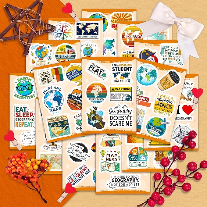 100Pcs Geography Stickers for Water Bottle, Laptop, Geography Gifts - Map, Globe, Social Studies Stickers Gifts - Gift for Women & Men