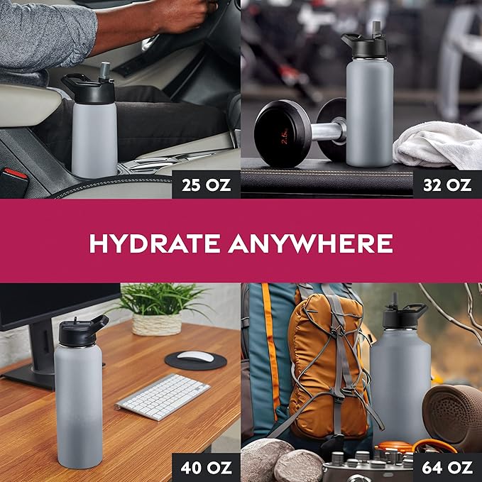 FineDine Triple Walled, Insulated Water Bottles with Straw - 25 Oz Stainless Steel Metal Bottle W/ 3 Leak Proof Lids - For Travel, School, Sports, Gym/Men, Women & Kids - Modern Lava Gray