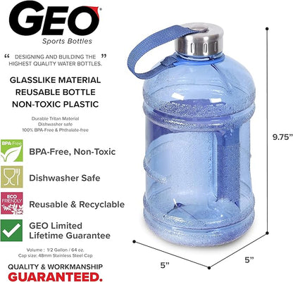 Geo Sports Bottles 1/2 Gallon (64 oz) BPA Free Reusable Leakproof Wide Mouth Sports Water Jug Bottle with Handle and 48mm Stainless Steel Cap (Dark Blue)