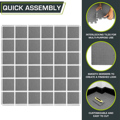 ProsourceFit Puzzle Exercise Mat ½ in, EVA Interlocking Foam Floor Tiles for Home Gym, Mat for Home Workout Equipment, Floor Padding for Kids, Grey, 24 in x 24 in x ½ in, 144 Sq Ft - 36 Tiles