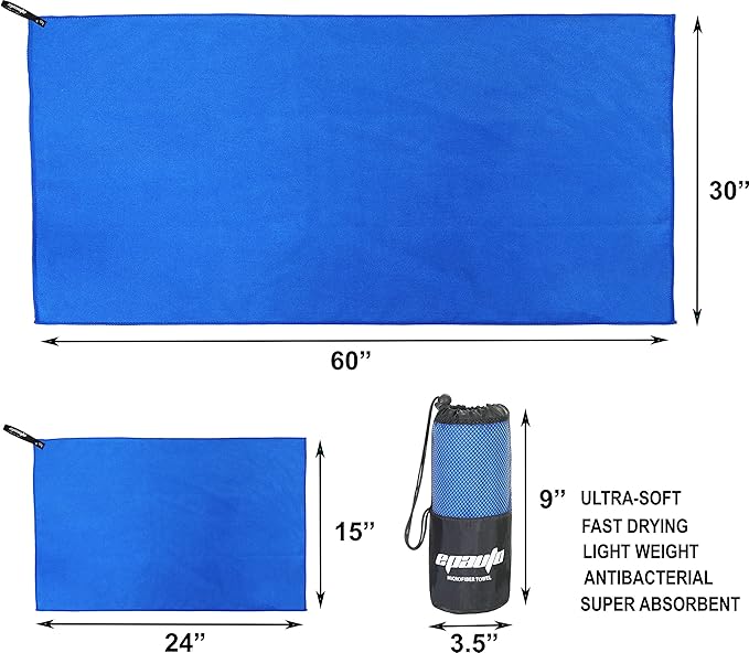 EPAuto 2-Pack Microfiber Quick Dry Towel Set - Lightweight, Super Absorbent & Compact Travel Towels (60"x30" & 24"x15") for Gym, Camping, Beach, Yoga & Backpacking, Blue