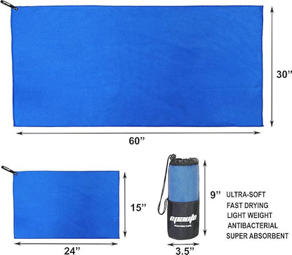 EPAuto 2-Pack Microfiber Quick Dry Towel Set - Lightweight, Super Absorbent & Compact Travel Towels (60"x30" & 24"x15") for Gym, Camping, Beach, Yoga & Backpacking, Blue