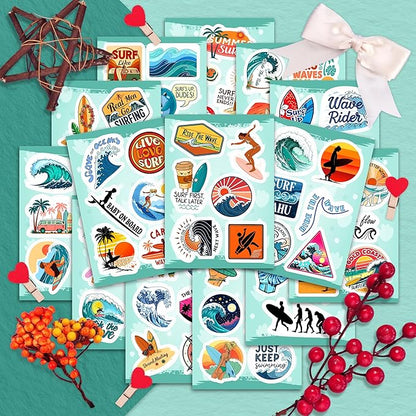 100Pcs Surf & Wave Stickers for Laptop, for Water Bottles, Surfing Stickers - Surfing Gifts for Surfers - Surf Party Supplies & Decoretions - Gift for Women & Men
