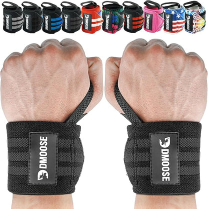 DMoose Fitness Wrist Wraps for Weightlifting 18" - Heavy Duty Gym Wrap with Hand Thumb Loop for Support & Pain Relief, USPA Approved Powerlifting, Weight Lifting Wrist Straps for Men & Women Work Out