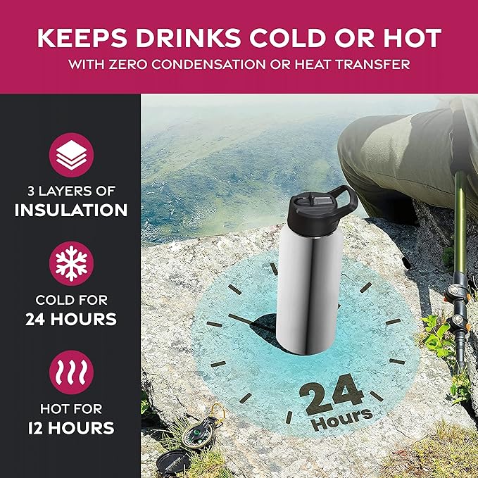 FineDine Water Bottle - Stainless Steel Insulated Water Bottle with Straw Lid, Flip Lid & Wide-Mouth Cap - Keeps Hot and Cold - 32 Oz / 946ml - Brushed Stainless Steel
