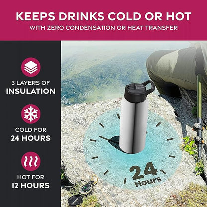 FineDine Water Bottle - Stainless Steel Insulated Water Bottle with Straw Lid, Flip Lid & Wide-Mouth Cap - Keeps Hot and Cold - 32 Oz / 946ml - Brushed Stainless Steel