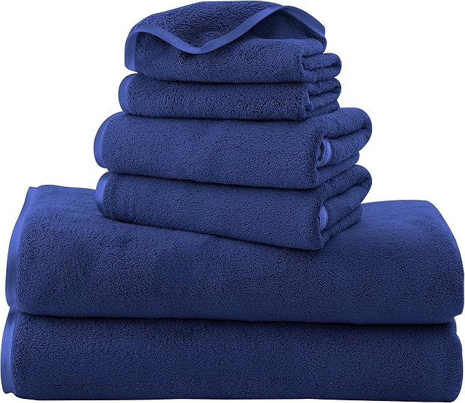 TENSTARS Luxury Silk Hemming Towel Set - Light Thin Quick Drying - 2 Bath Towels 2 Hand Towels 2 Washcloths - Ultra Soft Microfiber Towel for Bath Fitness, Sports, Yoga, Travel (Navy Blue 6 Pieces)
