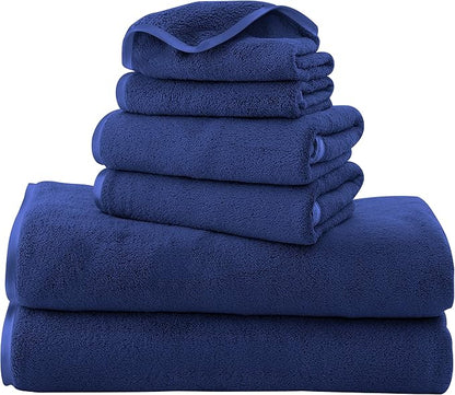 TENSTARS Luxury Silk Hemming Towel Set - Light Thin Quick Drying - 2 Bath Towels 2 Hand Towels 2 Washcloths - Ultra Soft Microfiber Towel for Bath Fitness, Sports, Yoga, Travel (Navy Blue 6 Pieces)