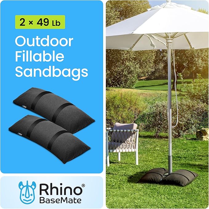 Rhino BaseMate Umbrella Base Weights 2-Pack – Outdoor Fillable Sand Bags for Umbrella Base & Stand | Heavy-Duty Weatherproof Patio Umbrella Sandbag Weights, Arched Design, Holds Up to 49 lbs Each