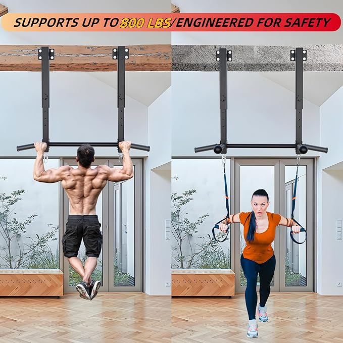 Joist Mounted Pull Up Bar, 800 lbs Heavy Duty Wall Mounted Chin Up Bar, Adjustable Height Pullup Bar for Garage, Basement, Backyard, Beam and Rafter Mount, Easy Installation, Ideal for Multiple Grip Options