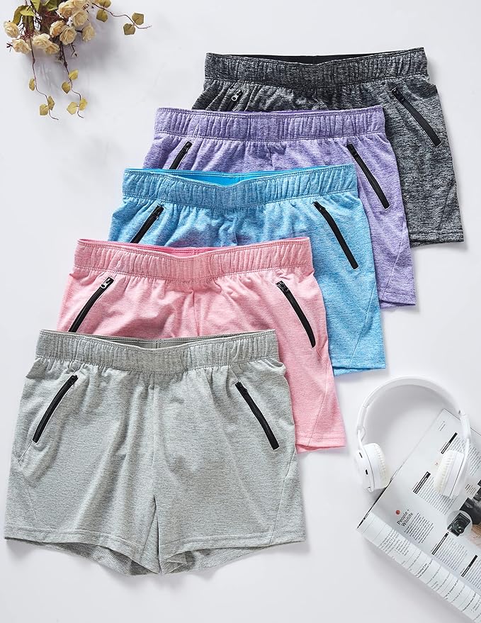Liberty Imports 1 or 5 Pack Womens Lounge Workout Shorts with Zipper Pockets 5" Inseam Lightweight Athletic Casual Shorts