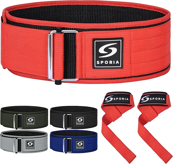 SPORIA Self-Locking Weight Lifting Belt | 4 inch Back Support | Includes Lifting Straps