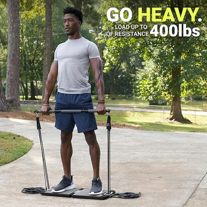 EVO Gym - Portable Home Gym Strength Training Equipment, At Home Gym | All in One Gym - Resistance Bands, Base Holds Gym Bar & Handles for Travel | Portable Gym & Home Exercise Equipment