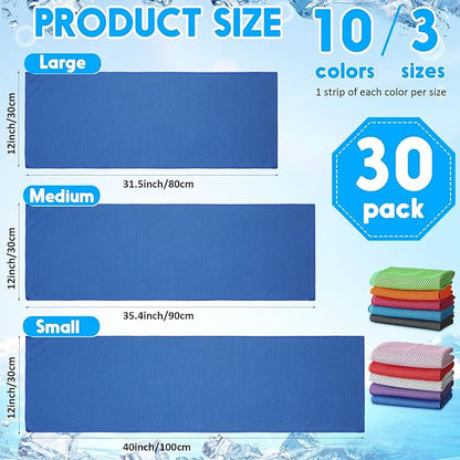 Redbaker 30 Pcs Cooling Towels 3 Sizes 40/35/31" Ice Towel Chilly Yoga Towel Microfiber Gym Towels for Neck Face Sports Workout Running Fitness Accessories, 10 Colors