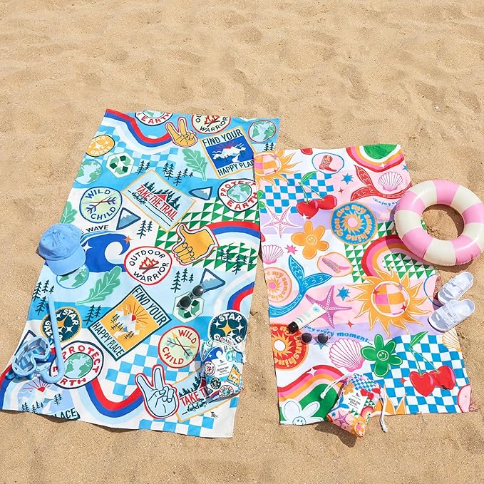 Dock & Bay Kid's Towel - Quick Dry, Sand Free - Compact, Lightweight - 100% Recycled - Includes Bag - Good Vibes Club - Large (160x90cm, 63x35)