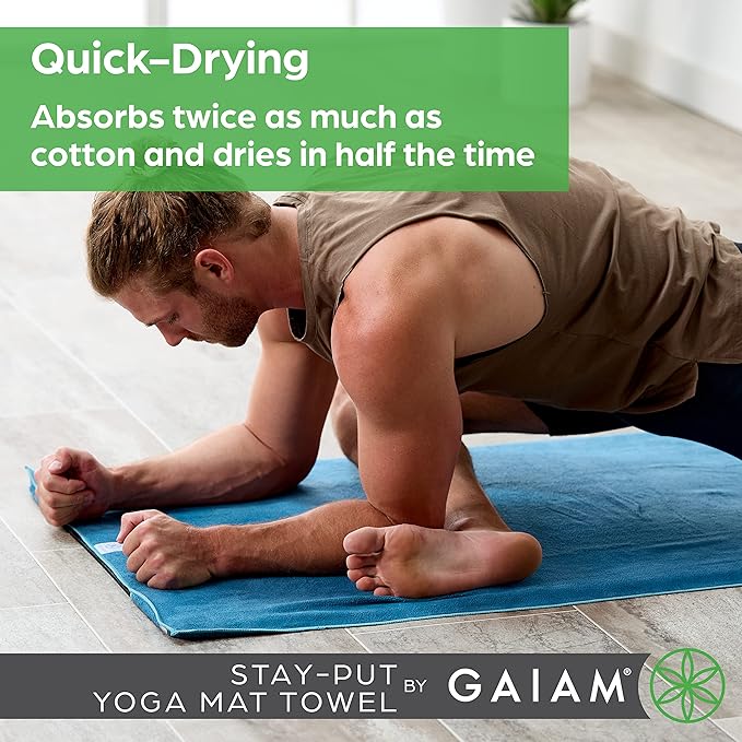 Gaiam Yoga Towel - Mat Sized Active Dry Non Slip Moisture Wicking Sweat Absorbent Microfiber Hot Yoga Towel for Women & Men | Stay-Put Corner Pockets (70" Long x 26" Wide)