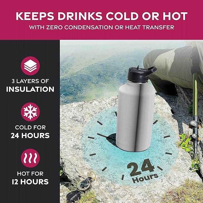 FineDine Water Bottle - Stainless Steel Insulated Water Bottle with Straw Lid, Flip Lid & Wide-Mouth Cap - Keeps Hot and Cold - 64 Oz / 1.89L - Brushed Stainless Steel