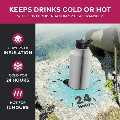 FineDine Water Bottle - Stainless Steel Insulated Water Bottle with Straw Lid, Flip Lid & Wide-Mouth Cap - Keeps Hot and Cold - 64 Oz / 1.89L - Brushed Stainless Steel